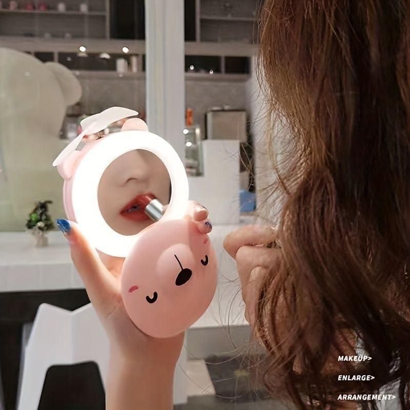 LED Lights Mirror Pocket Fan (Cute Pig)