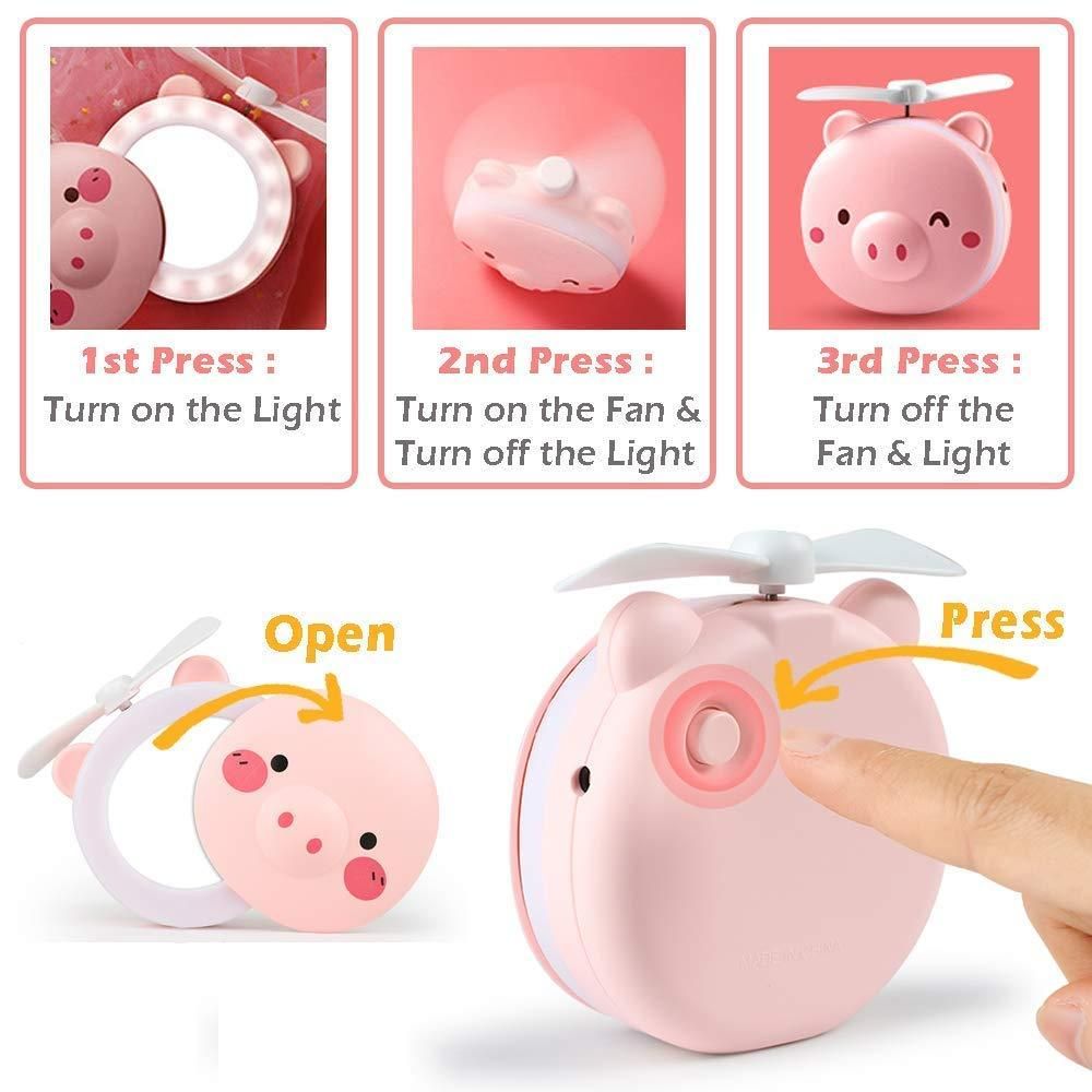 LED Lights Mirror Pocket Fan (Cute Pig)