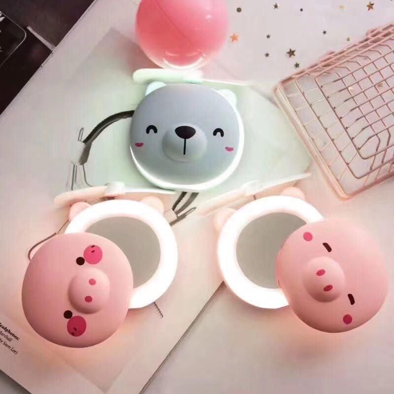LED Lights Mirror Pocket Fan (Cute Pig)