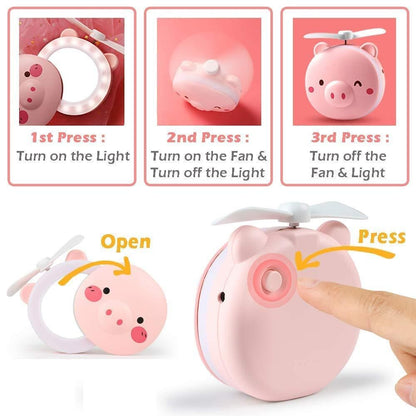 LED Lights Mirror Pocket Fan (Cute Pig)