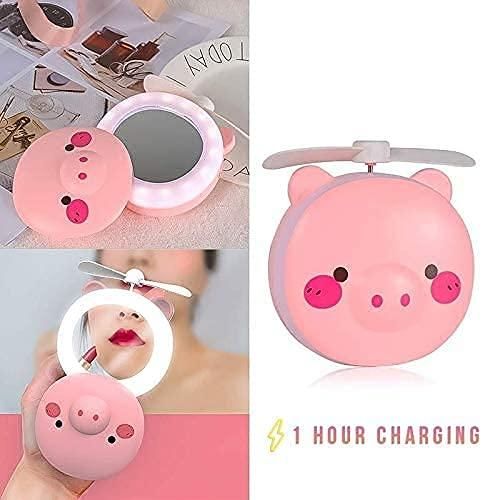 LED Lights Mirror Pocket Fan (Cute Pig)